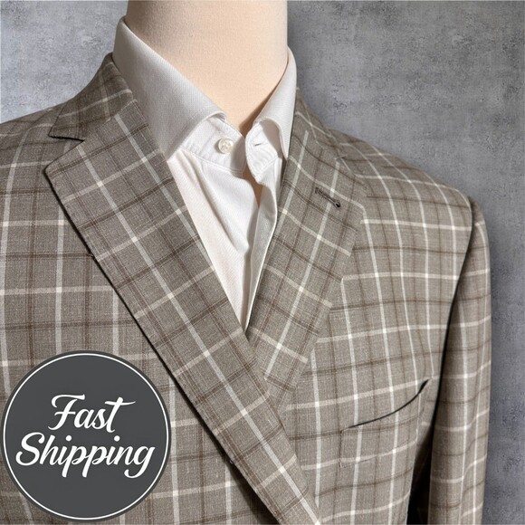 JWN 46R Wool/Silk/Linen Windowpane Plaid Blazer Sport Coat 2 Button Jacket Beige - Picture 1 of 14